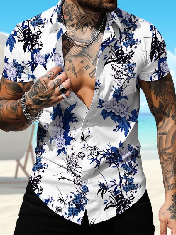 Men's Floral Print Pocket Button Front Shirt, Regular Fit Casual Short Sleeve Collar Top for Summer, Men's Top for Beach Vacation