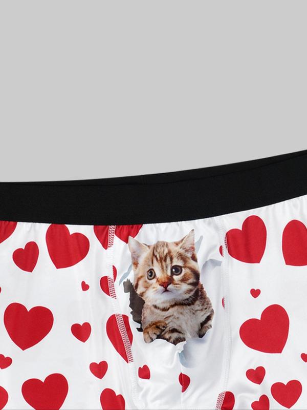 Men's Cute Cat & Heart Print Contrast Tape Boxer Brief, Regular Fit Casual Classic Underwear for Men, Breathable Comfy Men Underwear for All Seasons