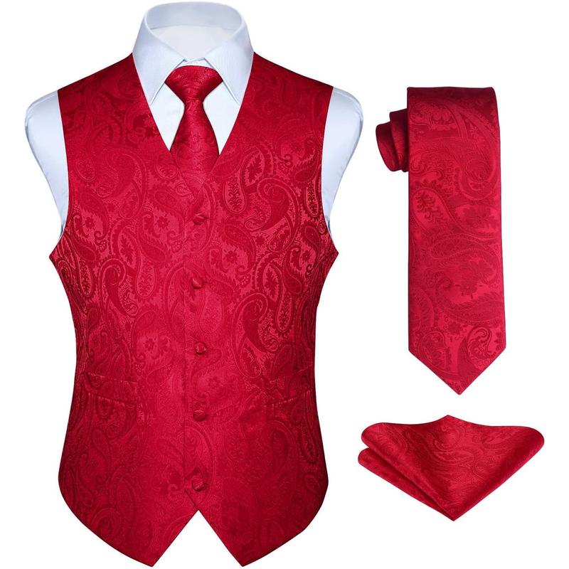 Men's Vest Tie Set Paisley Floral Jacquard Necktie Pocket Square 3PCS Waistcoat for Suit or Tuxedo Wedding Party