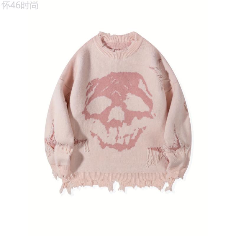 Men's Skull Pattern Knitted Pullover, Stylish, Breathable, Long Sleeve Collar Fabric