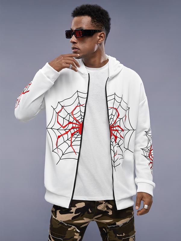 Zip Up Graphic Spiderweb Print Long Sleeve Goth Hoodie Sweatshirt Jacket