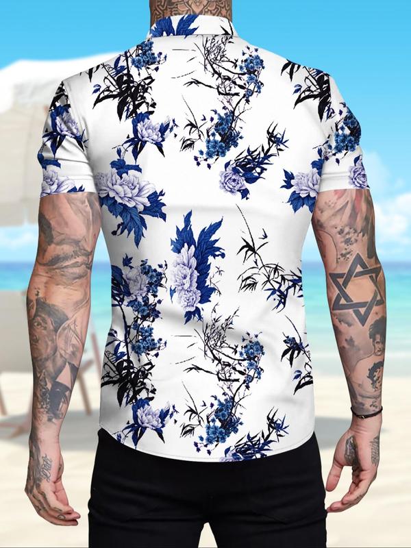 Men's Floral Print Pocket Button Front Shirt, Regular Fit Casual Short Sleeve Collar Top for Summer, Men's Top for Beach Vacation