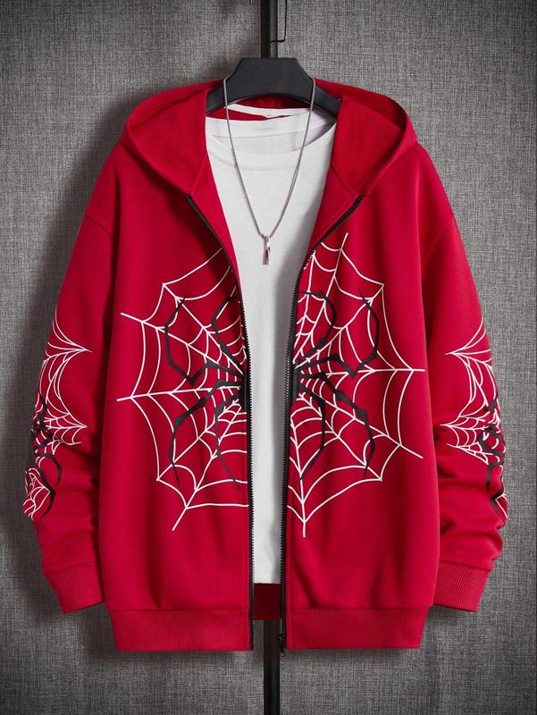 Zip Up Graphic Spiderweb Print Long Sleeve Goth Hoodie Sweatshirt Jacket