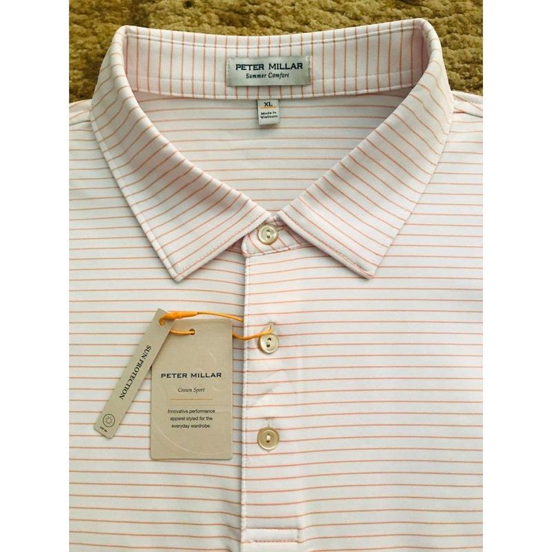 Peter Millar Crown Sport Golf Polo Shirt Size XL White Orange Striped NWT