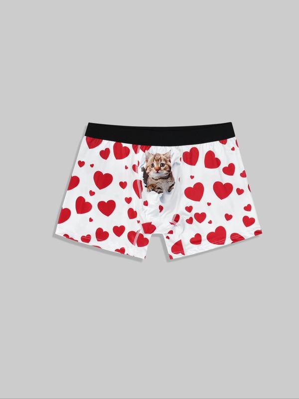 Men's Cute Cat & Heart Print Contrast Tape Boxer Brief, Regular Fit Casual Classic Underwear for Men, Breathable Comfy Men Underwear for All Seasons