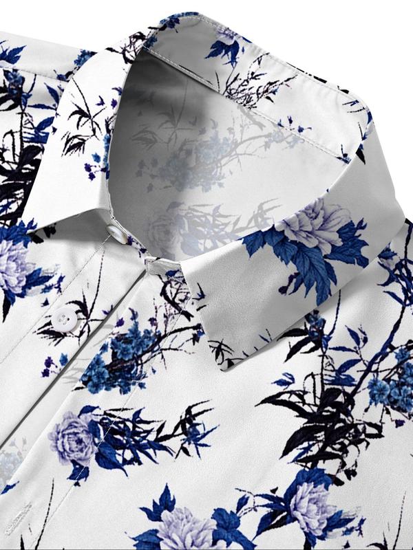 Men's Floral Print Pocket Button Front Shirt, Regular Fit Casual Short Sleeve Collar Top for Summer, Men's Top for Beach Vacation