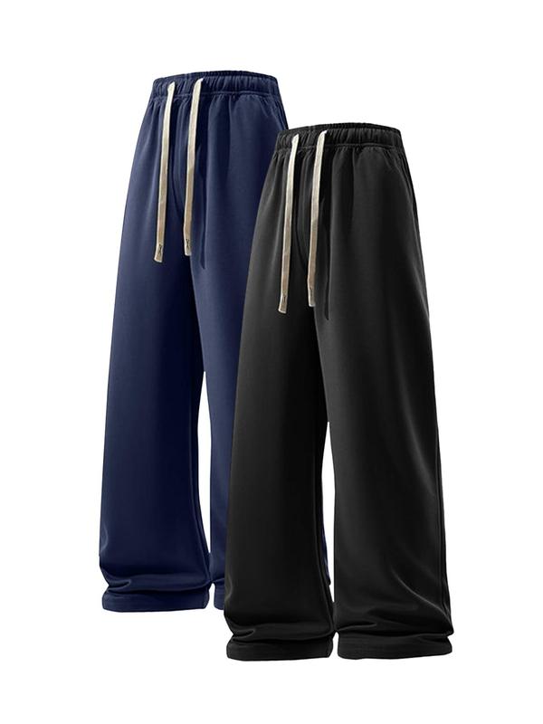 Men's Solid Drawstring Waist Wide Leg Pants, Casual Comfy Pocket Trousers for Fall & Winter, Men's Bottoms for Daily Wear