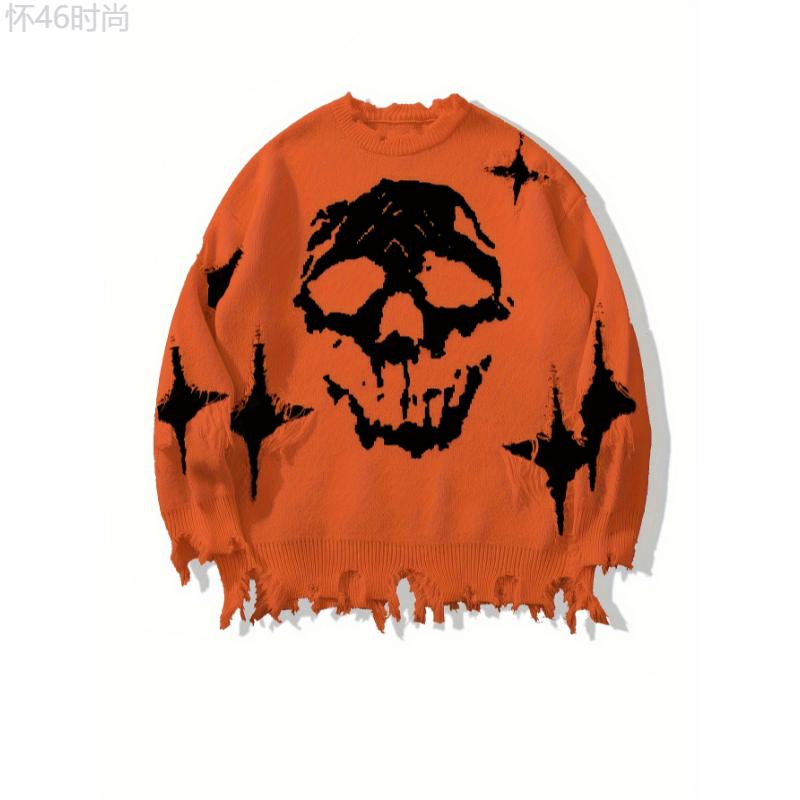 Men's Skull Pattern Knitted Pullover, Stylish, Breathable, Long Sleeve Collar Fabric