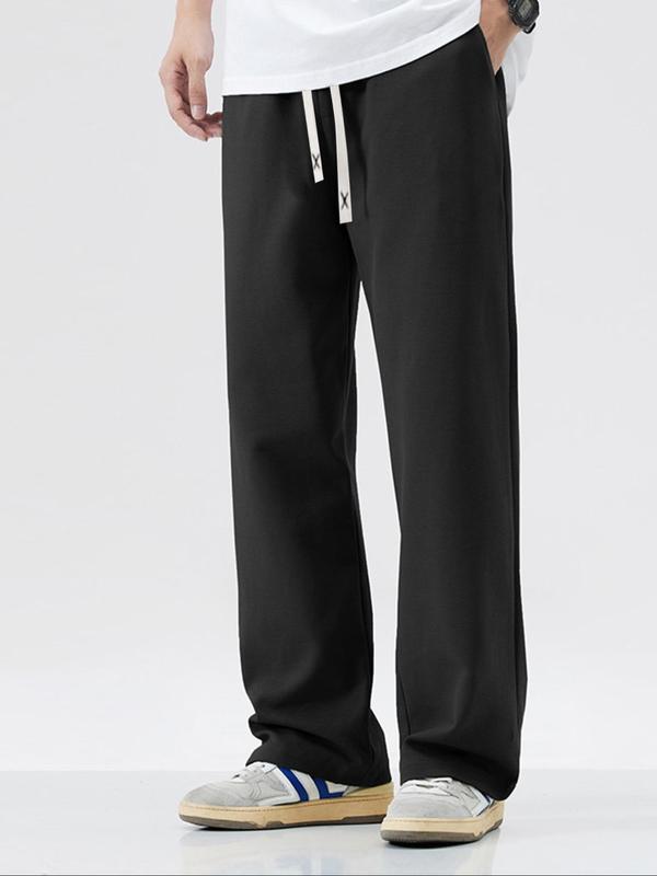 Men's Solid Drawstring Waist Wide Leg Pants, Casual Comfy Pocket Trousers for Fall & Winter, Men's Bottoms for Daily Wear