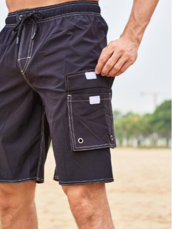 Men Swim Trunks, Gym Shorts, Men's Solid Drawstring Waist Pocket Beach Shorts, Summer Clothes, Loose Casual Sporty Straight Leg Shorts For Summer Beach Outdoor Activities, Men's Shorts