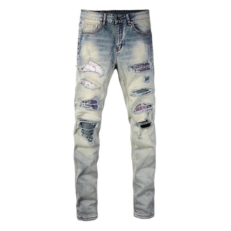 Men Pleated Patch High Stretch Denim Jeans Streetwear Skinny Tapered Pants Holes Ripped Distressed Vintage Blue Trousers