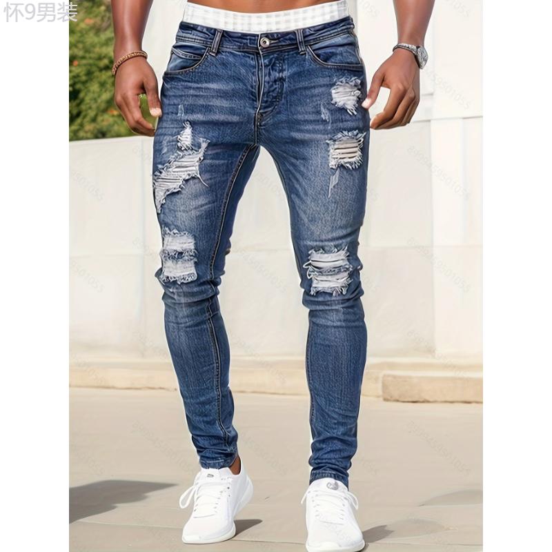 Slim Fit Ripped Jeans, Men's Casual Street Style Distressed Medium Stretch Denim Pants Menswear Spandex