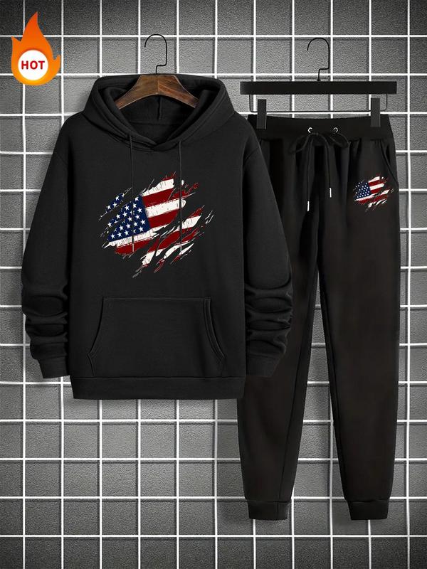 Men's American Flag Print Thermal Lined Hoodie & Drawstring Waist Sweatpants Set, Regular Fit Casual Long Sleeve Hooded Sweatshirt & Pocket Jogger Pants, Men's Fall & Winter Clothes