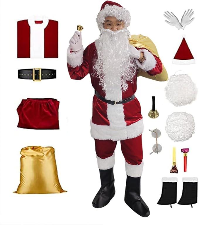 Christmas Clothing Costumes 13Pcs , Deluxe Velvet Christmas Santa Suit Outfit Jacket Adults Santa Costumes with Gloves