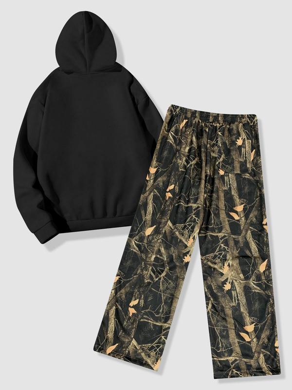 Men's Letter Graphic Hoodie & All Over Print Drawstring Waist Pants Two-piece Set, Loose Casual Long Sleeve Hooded Sweatshirt & Pocket Trousers for Fall & Winter, Men's Two-piece Outfits for Daily Wear