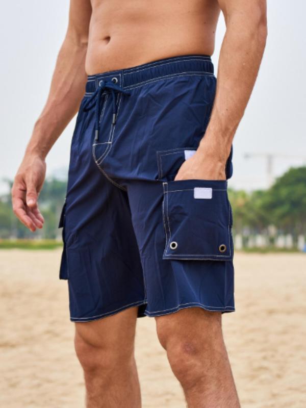 Men Swim Trunks, Gym Shorts, Men's Solid Drawstring Waist Pocket Beach Shorts, Summer Clothes, Loose Casual Sporty Straight Leg Shorts For Summer Beach Outdoor Activities, Men's Shorts