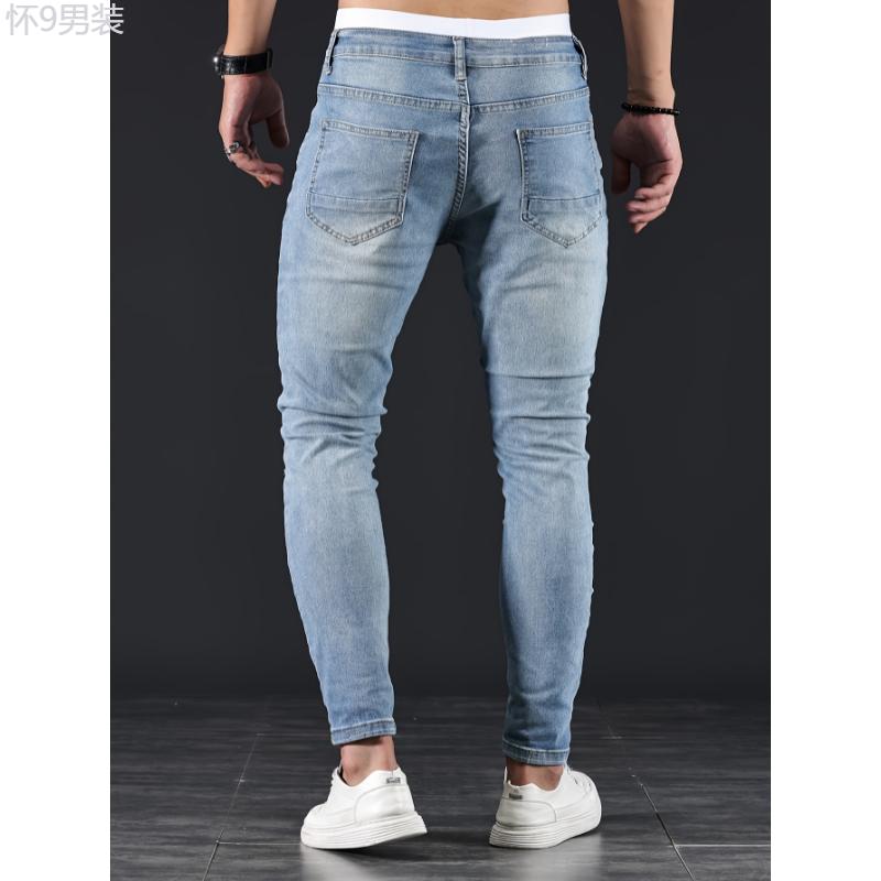 Slim Fit Ripped Jeans, Men's Casual Street Style Distressed Medium Stretch Denim Pants Menswear Spandex