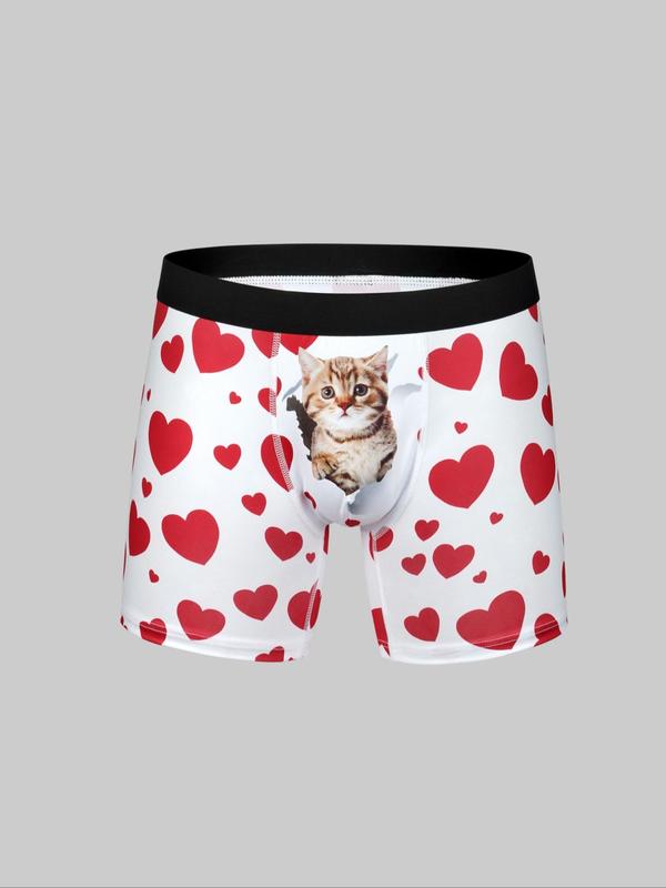 Men's Cute Cat & Heart Print Contrast Tape Boxer Brief, Regular Fit Casual Classic Underwear for Men, Breathable Comfy Men Underwear for All Seasons