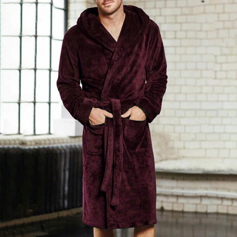 Mens Bathrobe Winter Warm Casual Flannel Robe Sleepwear Long Sleeve Plush Male Bath Robe Lounge Nightgown Homewear Pajamas