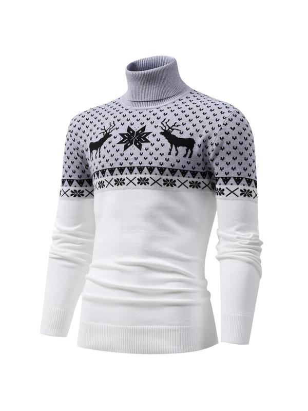 NOWRAIN Men's Animal Deer Print Jacquard Sweater, Casual Long Sleeve High Neck Jumper For Fall & Winter, Men's Knitwear For Daily Wear