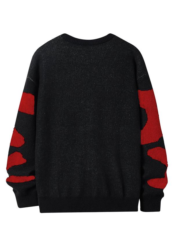 Emo Outfits Men's Stylish Skeleton Print Round Neck Long Sleeve Fall Jumper, Loose Stylish Comfy Crew Neck Sweater, Going Out Outfit, Fall Sweaters, Men Knitwear Pullover Tops, Menswear Clothes, Drippy Outfits, Fall Outfits, Fallfreshness