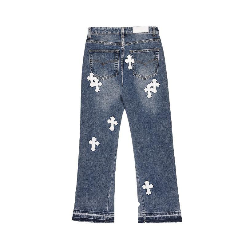 Fashion Casual High Street Vintage Cross Leather Patchwork Washed Distressed Destroyed Slightly Flared Men's and Women's Loose Jeans Trendy Cool Handsome