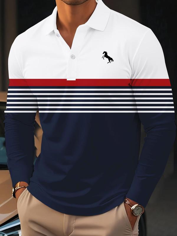 Men's Colorblock Striped Print Polo Shirt, Regular Fit Casual Long Sleeve Buttons Top for Spring & Fall, Fashion Men's Clothes for Daily Wear