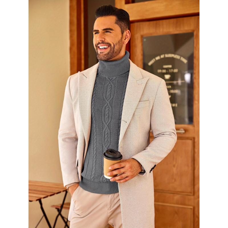 1pc Men'S Casual Turtleneck Sweater - Slim Fit, Polyester Knit Pullover, Twisted Cable Pattern, Long Sleeve, Regular Length - Warm and Cozy for Autumn Winter