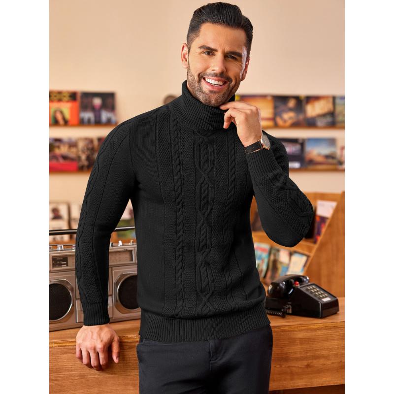 1pc Men'S Casual Turtleneck Sweater - Slim Fit, Polyester Knit Pullover, Twisted Cable Pattern, Long Sleeve, Regular Length - Warm and Cozy for Autumn Winter