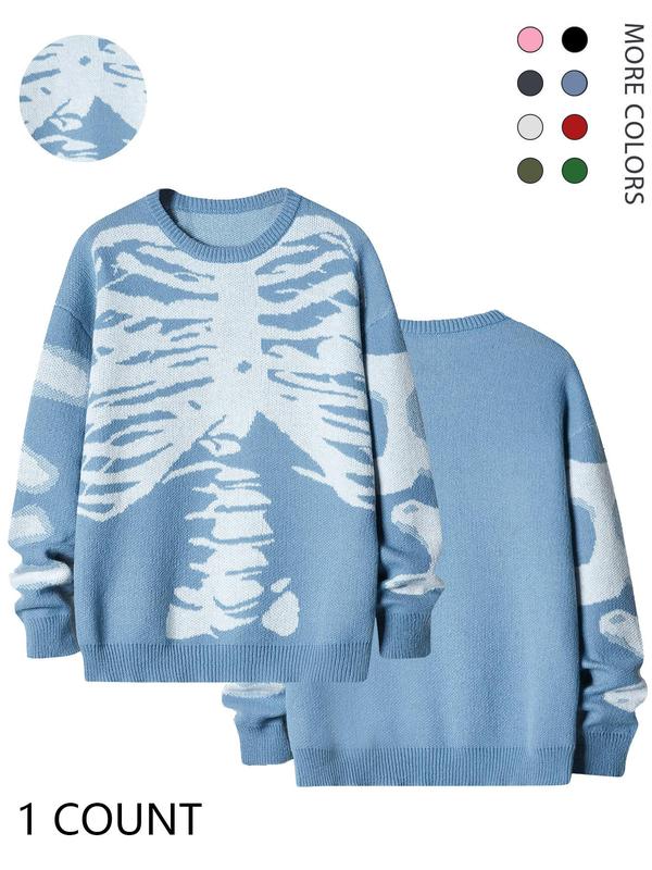 Emo Outfits Men's Stylish Skeleton Print Round Neck Long Sleeve Fall Jumper, Loose Stylish Comfy Crew Neck Sweater, Going Out Outfit, Fall Sweaters, Men Knitwear Pullover Tops, Menswear Clothes, Drippy Outfits, Fall Outfits, Fallfreshness