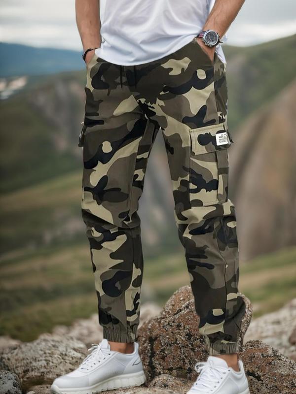 Men's All Over Camo Print Patched Drawstring Waist Cargo Pants, Regular Fit Casual Pocket Trousers for Spring & Fall, Fashion Men's Bottoms for Daily Wear