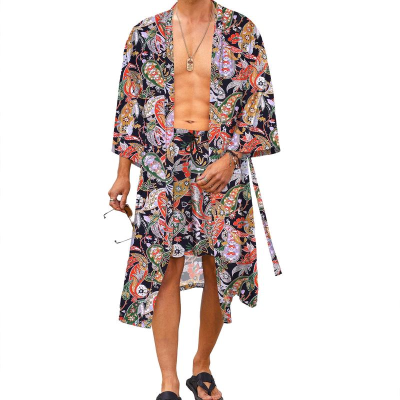 COOFANDY Men Lightweight 2 Piece Set Kimono Robe with Shorts Japanese 3 4 Sleeve Robes Casual Open Front Long Cardigan With Belt