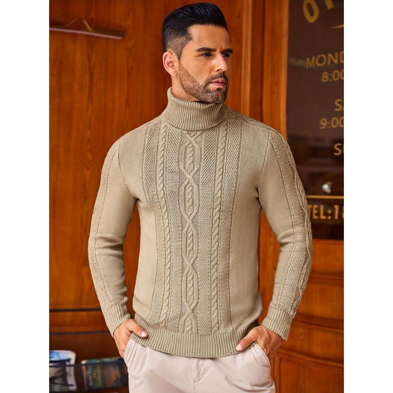 1pc Men'S Casual Turtleneck Sweater - Slim Fit, Polyester Knit Pullover, Twisted Cable Pattern, Long Sleeve, Regular Length - Warm and Cozy for Autumn Winter