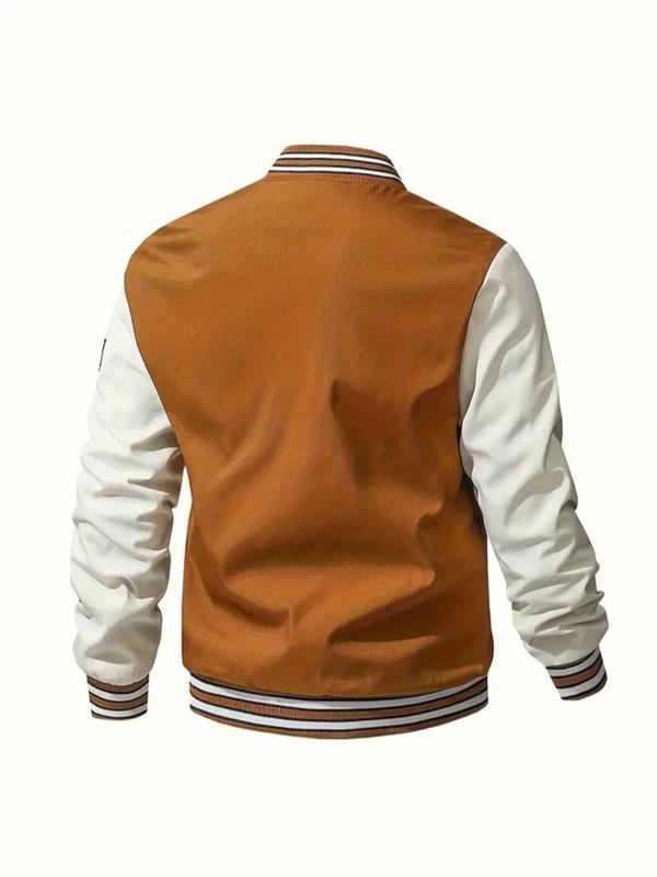 Men's Letter Patched Zip Up Pocket Sports Baseball Jacket, Back To School Clothes, Casual Sporty Long Sleeve Stand Collar Outerwear for Daily Wear,  Men's Clothing, Bomber Jacket, Men's Sportswear for All Seasons, Fall Outfits, Fallfreshness