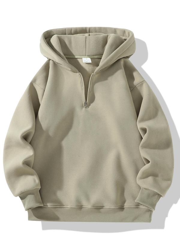 Men's Regular Fit Solid Half Zip Drop Shoulder Essentials Hoodie, Menswear Casual Silhouette Plain Longsleeves Hooded Pullover Sweatshirt for Fall & Winter, Streetwear Appearance, Men's Going Out Outfit Vintage Clothing, Fall Outfits Poser Hoodie