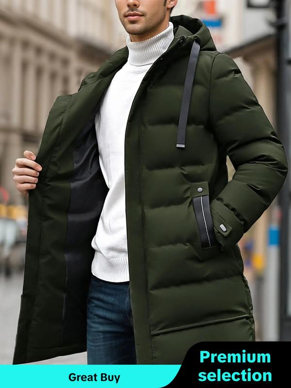 Men's Solid Zip Up Thermal Lined Hooded Winter Coat, Regular Fit Casual Long Sleeve Drawstring Pocket Outerwear for Fall & Winter, Jackets for Men, Men's Winter Jacket for Daily Wear