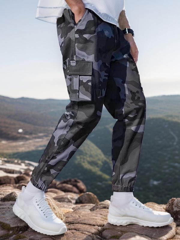 Men's All Over Camo Print Patched Drawstring Waist Cargo Pants, Regular Fit Casual Pocket Trousers for Spring & Fall, Fashion Men's Bottoms for Daily Wear