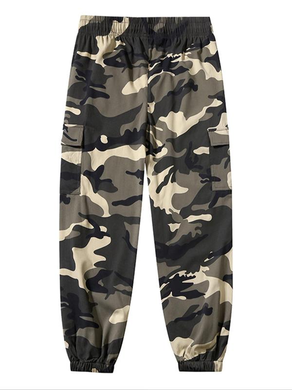 Men's All Over Camo Print Patched Drawstring Waist Cargo Pants, Regular Fit Casual Pocket Trousers for Spring & Fall, Fashion Men's Bottoms for Daily Wear