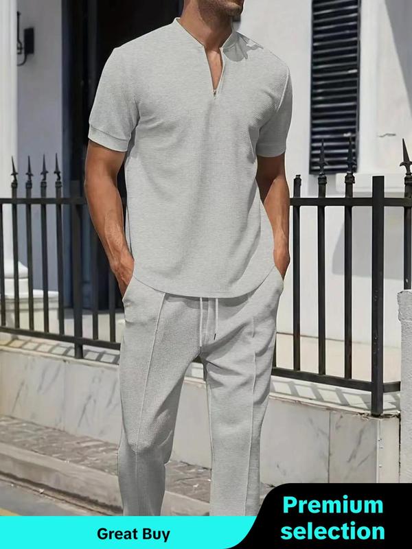 Men's Solid Waffle Knit Zipper   Shirt & Drawstring Waist Pants Two-piece Set, Regular Fit Casual Short Sleeve Top & Pocket Trousers, Men's Spring & Fall Clothes