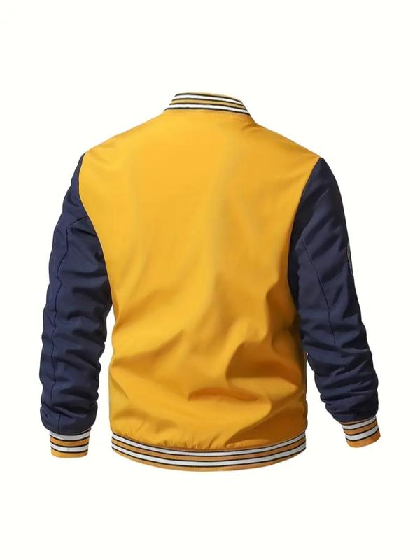 Men's Letter Patched Zip Up Pocket Sports Baseball Jacket, Back To School Clothes, Casual Sporty Long Sleeve Stand Collar Outerwear for Daily Wear,  Men's Clothing, Bomber Jacket, Men's Sportswear for All Seasons, Fall Outfits, Fallfreshness