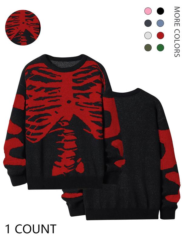 Emo Outfits Men's Stylish Skeleton Print Round Neck Long Sleeve Fall Jumper, Loose Stylish Comfy Crew Neck Sweater, Going Out Outfit, Fall Sweaters, Men Knitwear Pullover Tops, Menswear Clothes, Drippy Outfits, Fall Outfits, Fallfreshness