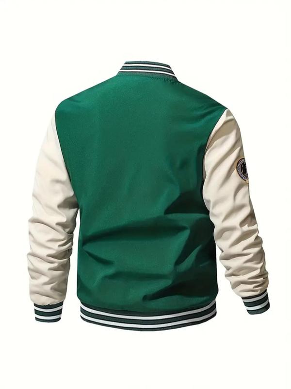 Men's Letter Patched Zip Up Pocket Sports Baseball Jacket, Back To School Clothes, Casual Sporty Long Sleeve Stand Collar Outerwear for Daily Wear,  Men's Clothing, Bomber Jacket, Men's Sportswear for All Seasons, Fall Outfits, Fallfreshness