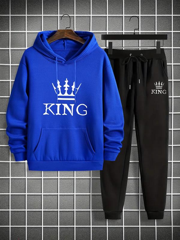 Men's Thermal Lined King Print Sweatshirt & Drawstring Waist Sweatpants Two-piece Set, Casual Long Sleeve Hooded Pullover & Pocket Jogger Pants for Fall & Winter, Men's Clothes for Daily Wear