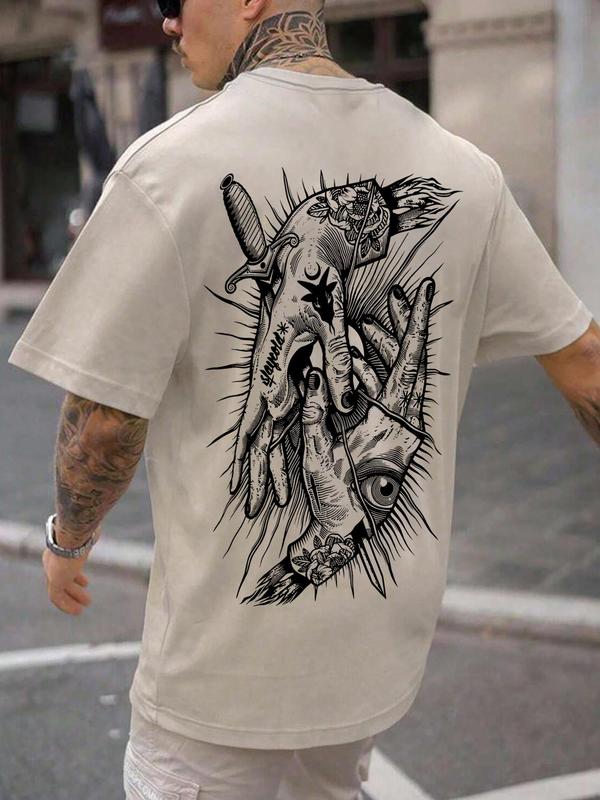 Unisex Men's Cartoon Hands Print Drop Shoulder Round Neck Tee, Back To School Outfits, Regular Fit Street Casual Crew Neck Short Sleeve T-Shirt for Summer, Graphic Tees, Streetwear for Daily Wear