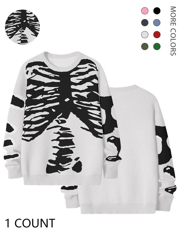 Emo Outfits Men's Stylish Skeleton Print Round Neck Long Sleeve Fall Jumper, Loose Stylish Comfy Crew Neck Sweater, Going Out Outfit, Fall Sweaters, Men Knitwear Pullover Tops, Menswear Clothes, Drippy Outfits, Fall Outfits, Fallfreshness