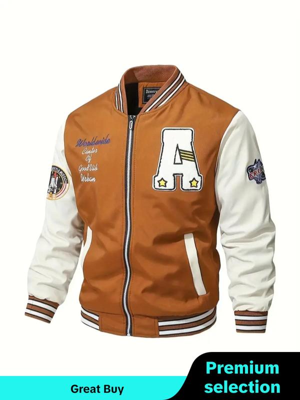 Men's Letter Patched Zip Up Pocket Sports Baseball Jacket, Back To School Clothes, Casual Sporty Long Sleeve Stand Collar Outerwear for Daily Wear,  Men's Clothing, Bomber Jacket, Men's Sportswear for All Seasons, Fall Outfits, Fallfreshness