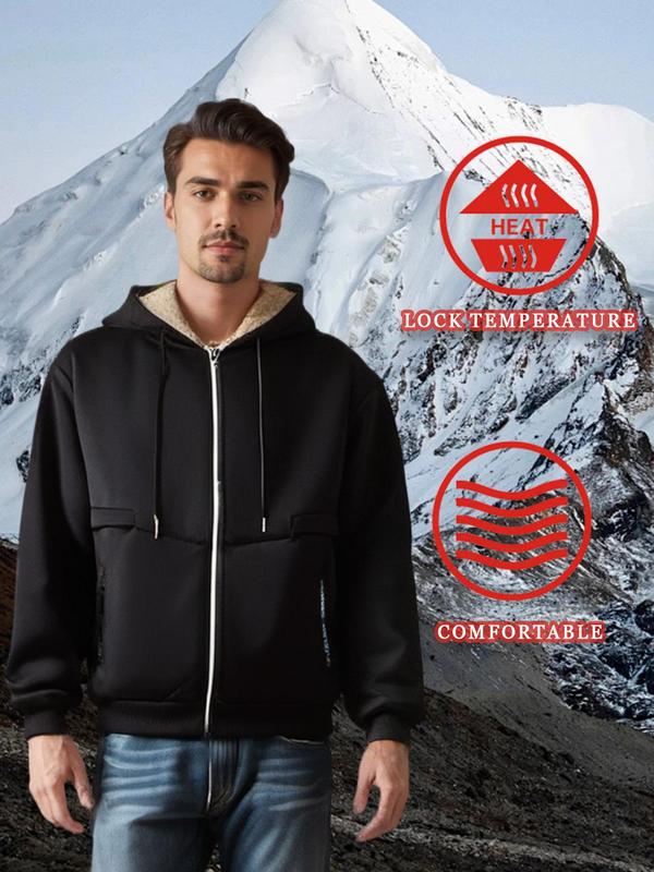 Men's Regular Fit Solid Zip Up Drawstring Sports Hoodie Jacket, Casual Long Sleeve Pocket Zipper Outerwear for Fall & Winter, Men's Sportswear for Daily Wear Zipper Jacket