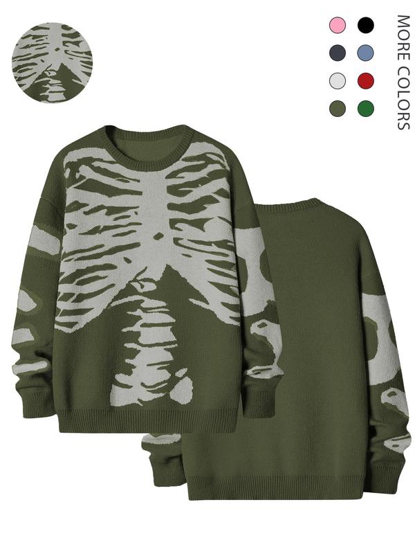 Emo Outfits Men's Stylish Skeleton Print Round Neck Long Sleeve Fall Jumper, Loose Stylish Comfy Crew Neck Sweater, Going Out Outfit, Fall Sweaters, Men Knitwear Pullover Tops, Menswear Clothes, Drippy Outfits, Fall Outfits, Fallfreshness