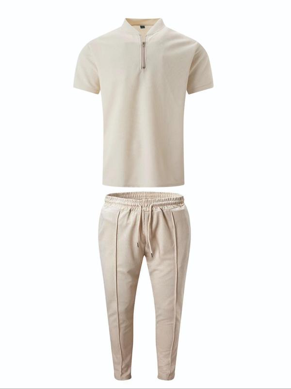 Men's Solid Waffle Knit Zipper   Shirt & Drawstring Waist Pants Two-piece Set, Regular Fit Casual Short Sleeve Top & Pocket Trousers, Men's Spring & Fall Clothes