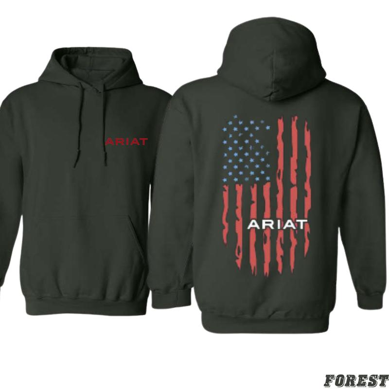 Ariat Hoodie - Distressed American Flag Design with Red Logo, Boyfriend Gift . Gildan, Long Sleeve, Unisex - Pullover, Tops